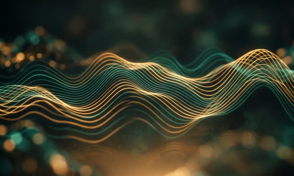 Abstrakte Gehirnwellen-Visualisierung in Teal und Gold auf dunklem Hintergrund