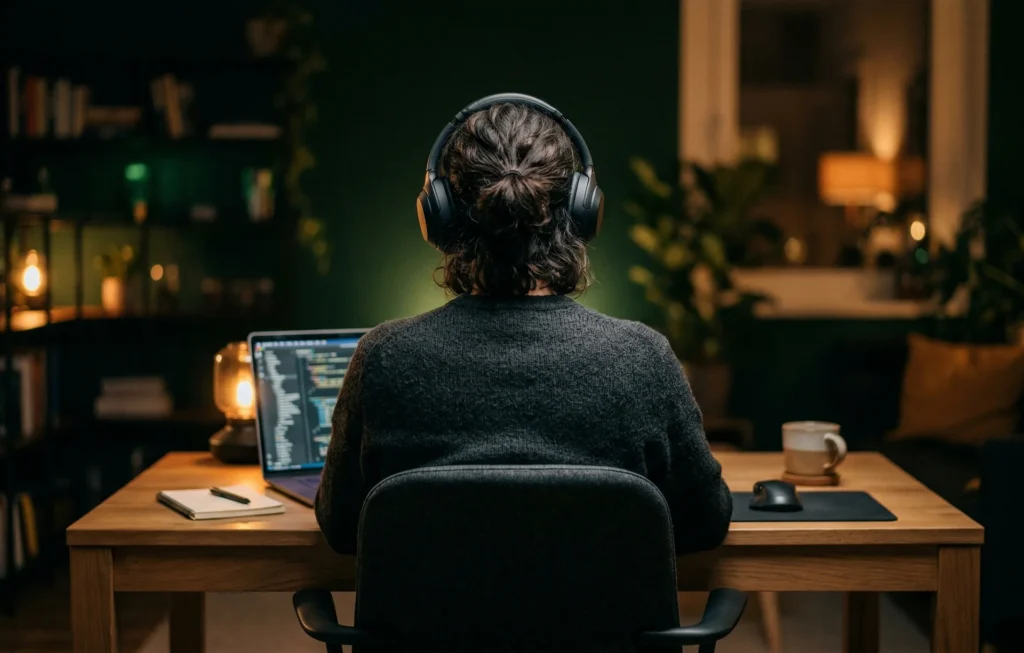 Person mit Kopfhörern am Schreibtisch in fokussierter Arbeitsatmosphäre