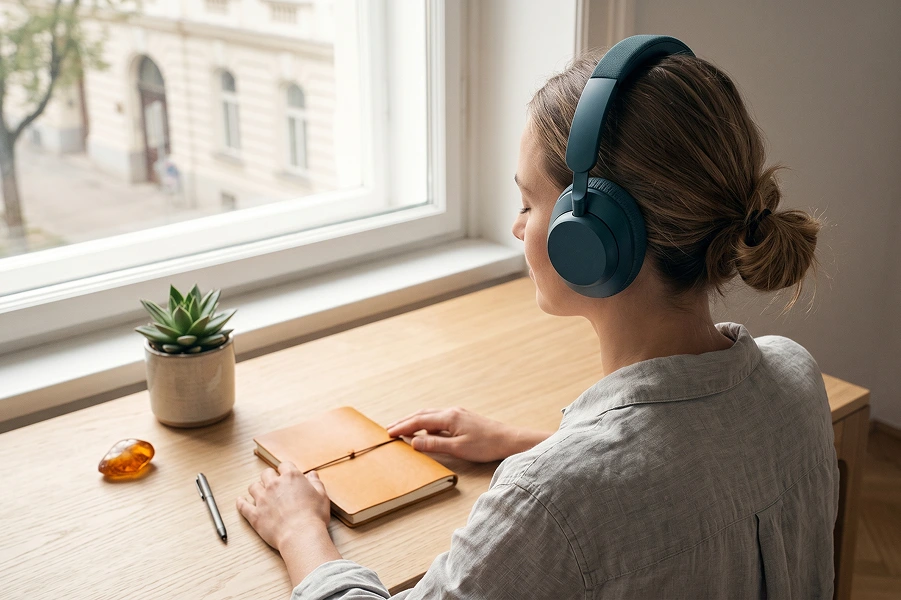 Person mit Kopfhörern schaut aus dem Fenster – Binaural Beats gefährlich?