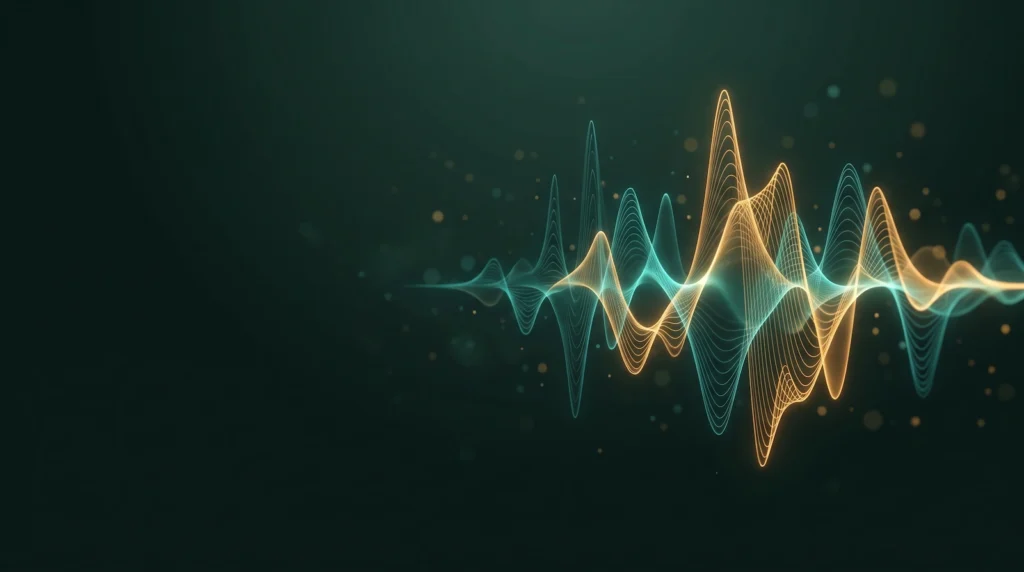 Abstrakte Illustration zweier ineinander verschmelzender Klangwellen in Teal und Amber auf dunklem Hintergrund, symbolisch für Binaural Beats