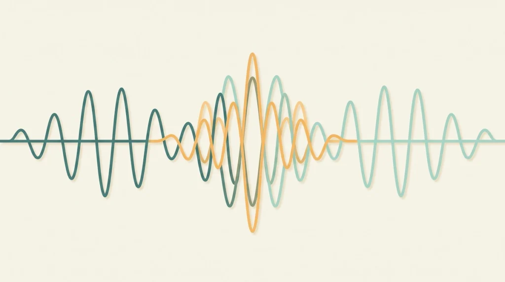 Abstrakte Grafik zweier Klangwellen, die zu einem Binaural Beat verschmelzen, Illustration des Funktionsprinzips