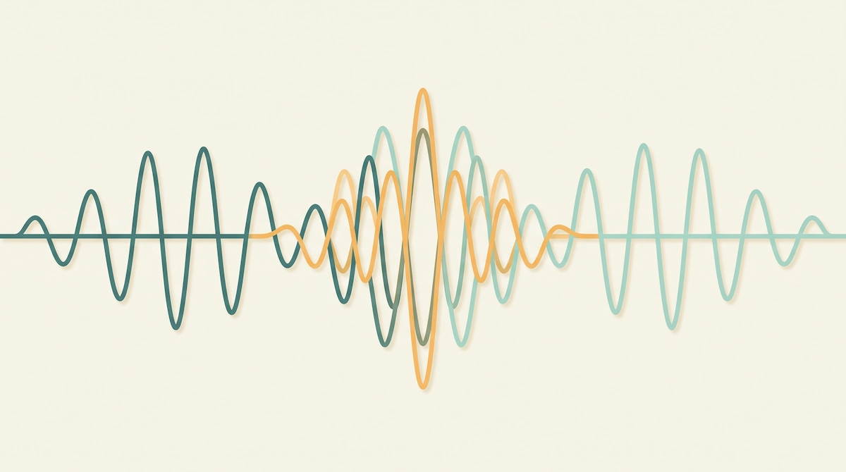 Abstrakte Grafik zweier Klangwellen, die zu einem Binaural Beat verschmelzen, Illustration des Funktionsprinzips