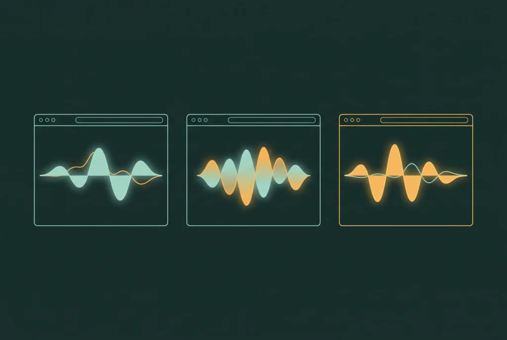 Abstrakte Illustration mehrerer Browser-Fenster mit Wellenformen in Mint und Gold, Symbol für den Vergleich verschiedener Binaural-Beats-Tools