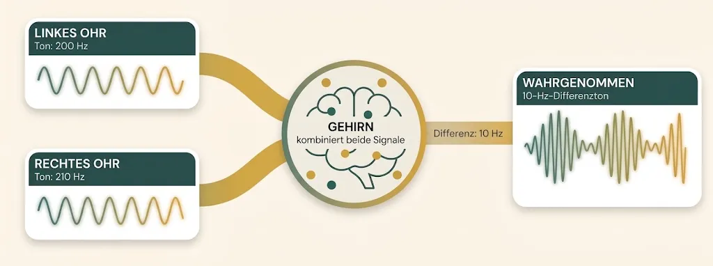 Zwei leicht unterschiedliche Töne, je einem Ohr zugespielt, werden im Gehirn zu einem gemeinsam wahrgenommenen 10-Hz-Differenzton kombiniert.
