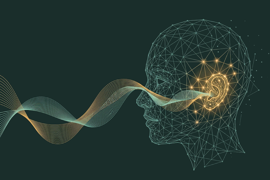Frequenz zum Lernen mit Binaural Beats: feines Netz in Form eines Kopfes im Profil, das Ohr leuchtet golden, ein Bündel goldener und türkiser Wellenlinien läuft von links ins Ohr