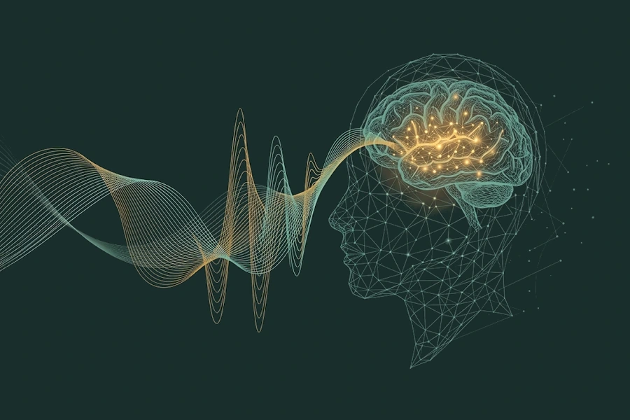 Kopf im Profil als feines Netz mit leuchtendem Gehirn, Wellen mit ansteigender Amplitude laufen von links hinein, Symbolbild für die Sicherheit von Binaural Beats