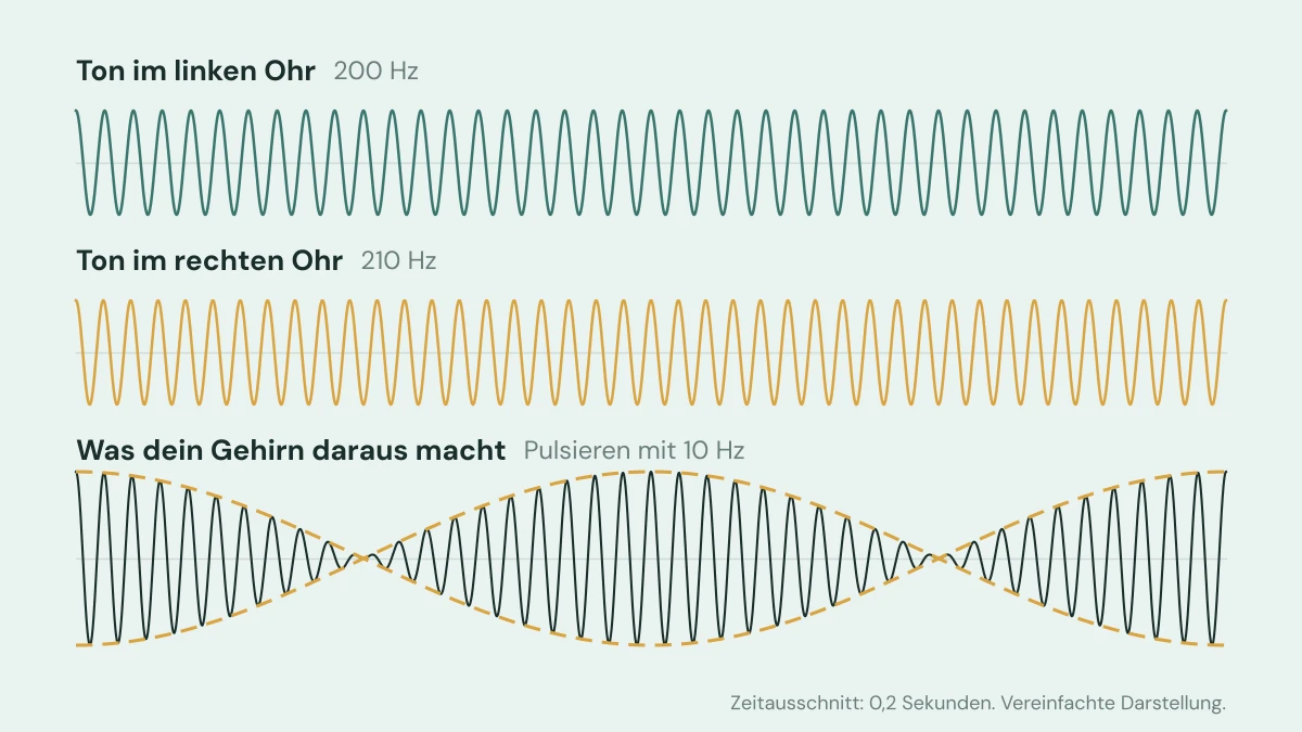 Schema zu Binaural Beats: Ein Ton mit 200 Hertz im linken Ohr und ein Ton mit 210 Hertz im rechten Ohr ergeben im Gehirn ein Pulsieren mit 10 Hertz