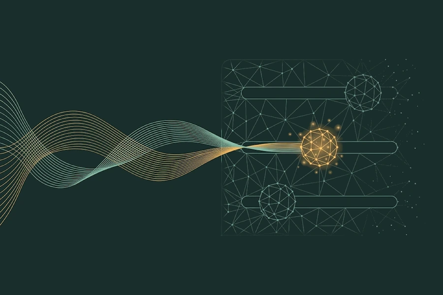 Netzartige Regler mit drei Schiebern, in deren goldenen Knopf ein türkises und goldenes Wellenbündel läuft, als Symbol für den Binaural Beats Generator