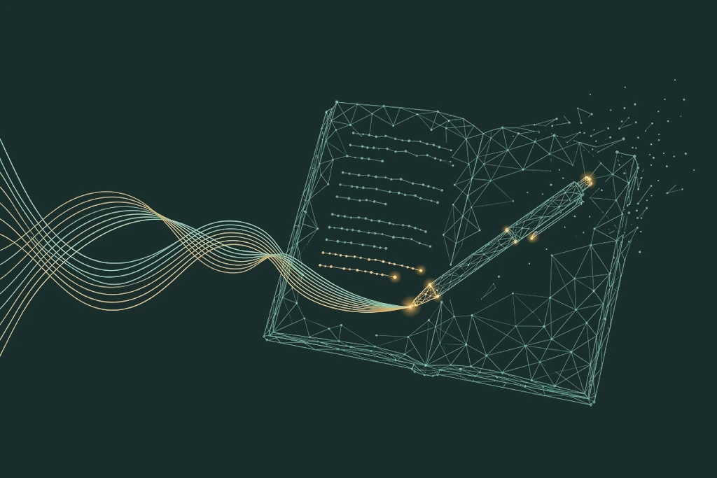 Netzartiges Notizbuch mit Stift aus Linien und Knoten, in dessen goldene Stiftspitze ein türkises und goldenes Wellenbündel läuft, als Symbol für den Binaural Beats Selbsttest