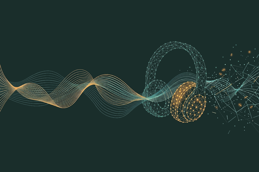 Netzartige Kopfhörer aus Linien und Knoten, in die ein goldenes und türkises Wellenbündel läuft, als Symbol für Binaural Beats Tools