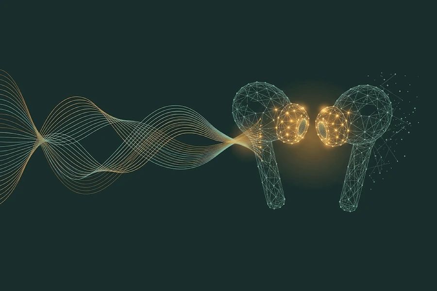 Zwei kabellose Ohrhörer als feines Netz aus Linien und Knoten, zwischen ihnen leuchtet es golden, ein Bündel goldener und türkiser Wellenlinien läuft von links hinein, Symbolbild für die Frage, was Binaural Beats sind