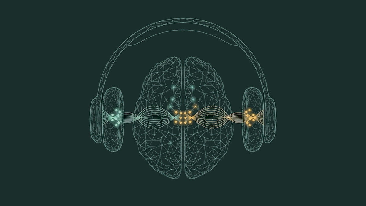 So funktionieren Binaural Beats: Kopfhörer aus feinem Netz mit einem Gehirn in der Mitte, von der linken Hörmuschel läuft eine türkise, von der rechten eine goldene Wellenschar ins Gehirn und trifft sich dort an einer leuchtenden Stelle