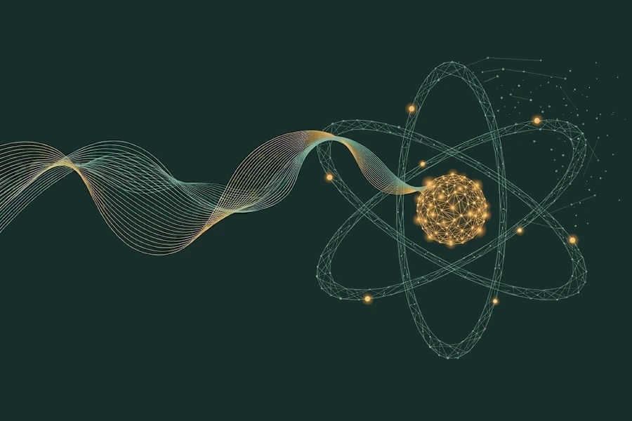 Atommodell aus feinen Netzlinien mit leuchtendem Kern, in den ein Bündel goldener und türkiser Wellenlinien hineinläuft, als Symbol für die Wissenschaft hinter Gehirnwellen und Binaural Beats