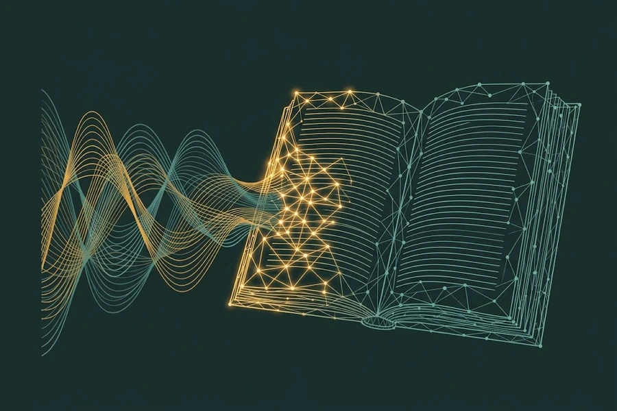Teal und goldene Wellenlinien laufen auf ein aufgeschlagenes Buch aus feinen Netzlinien zu, Symbolbild für Musik beim Lernen