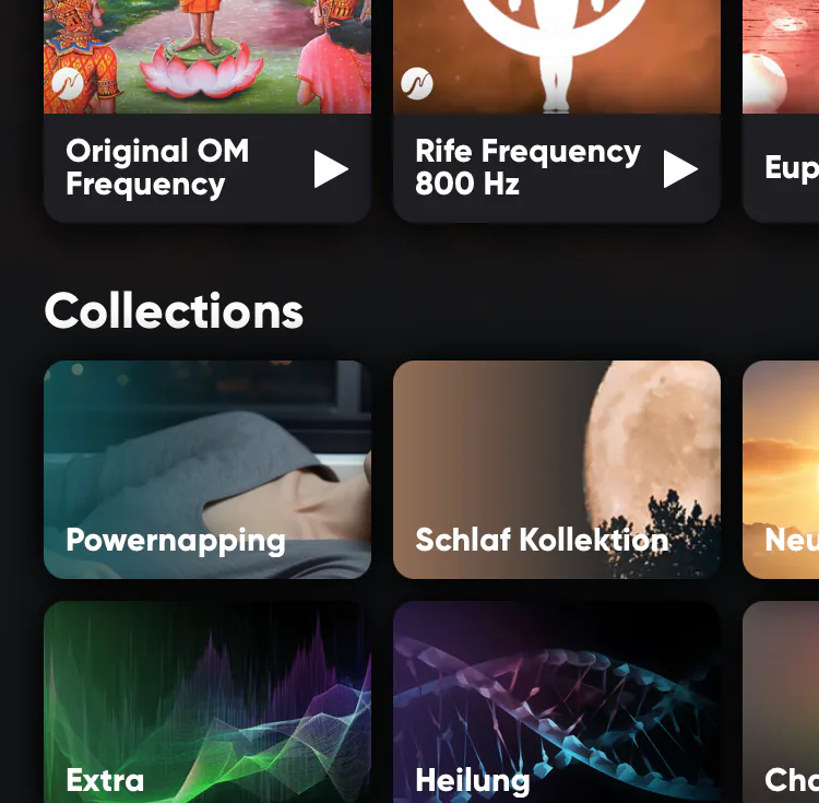 Ausschnitt der neowake Startseite mit Collections wie Powernapping, Schlaf Kollektion, Extra und Heilung sowie den Sessions Original OM Frequency und Rife Frequency 800 Hz