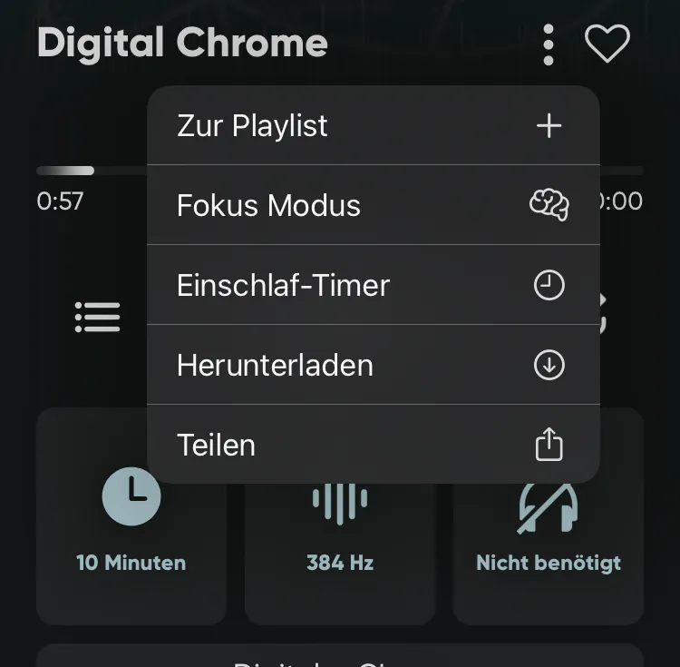 Menü einer Session in der neowake App mit Zur Playlist, Fokusmodus, Einschlaftimer, Herunterladen und Teilen