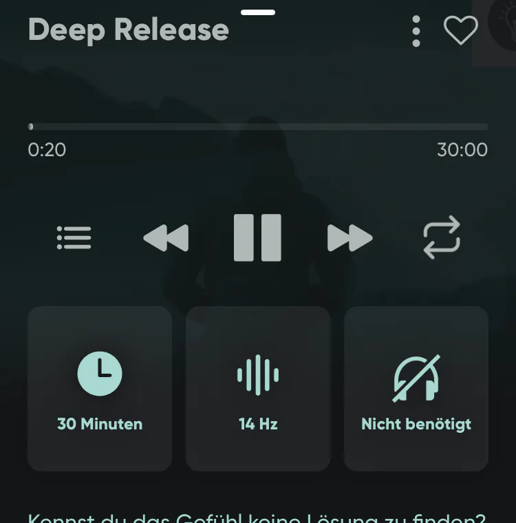 Session-Seite der neowake App mit Dauer, Frequenz und Kopfhörer-Hinweis