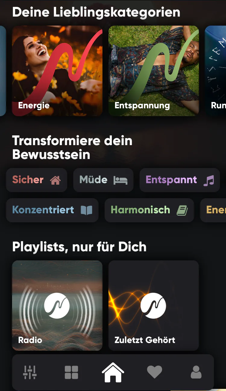 Startbildschirm der neowake App mit Lieblingskategorien, Stimmungsauswahl und Playlists