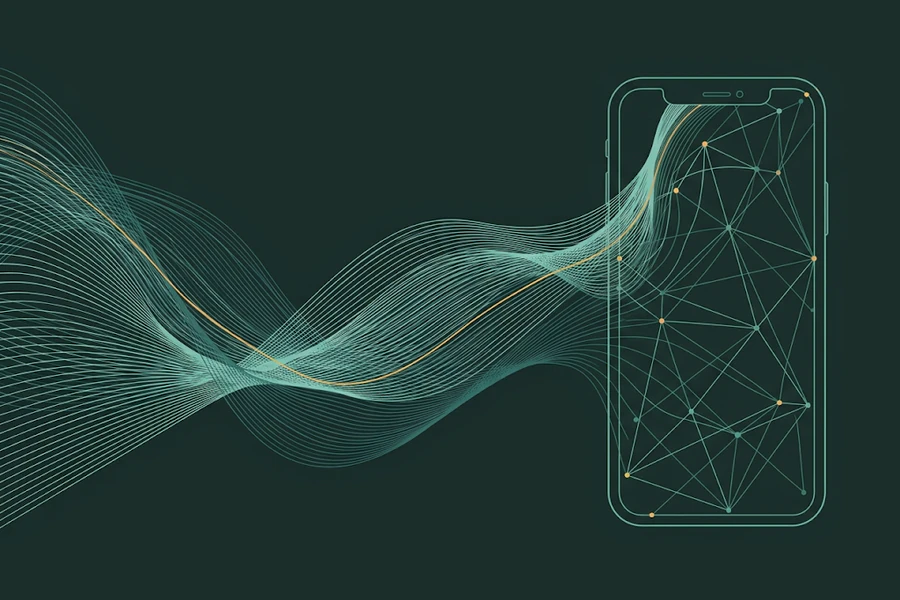 Linienillustration: Schallwellen fließen in ein Smartphone, Sinnbild für die neowake App im Test
